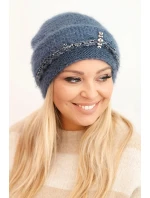 Dámská zimní čepice nadýchaná s perlami a ozdobným vzorem jeansová