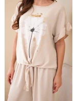 Dámský viskózový komplet s halenkou s potiskem a kalhotami béžový