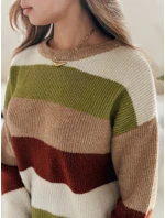 Dámský pruhovaný svetr CALVENA camel green FashionStreet MY2559