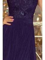 Dlouhé tmavě modré dámské šaty bez rukávů s vyšívaným výstřihem model 6369438