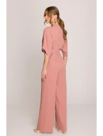 S395 Kombinéza se širokými nohavicemi a zavinovacím výstřihem - růžová S395 Kombinéza se širokými nohavicemi a zavinovacím výstřihem - růžová