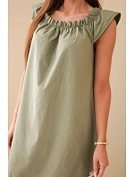 Dámské bavlněné šaty s nařaseným výstřihem a volánem khaki