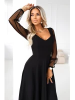 640-2 LORETTA jedinečné dlouhé šaty s tylovými rukávy a výstřihem - černé