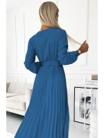 504-5 VIVIANA Plisované midi šaty se srdíčkovým výstřihem, dlouhými rukávy a širokým páskem - barva JEANS 504-5 VIVIANA Plisované midi šaty se srdíčkovým výstřihem, dlouhými rukávy a širokým páskem - barva JEANS