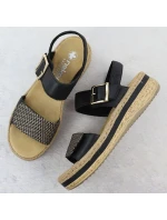 Dámské kožené sandály na podpatku se suchým zipem černé Rieker V0951