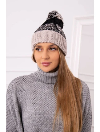 Dámská čepice s bambulí Abigail K326 black+beige Dámská čepice s bambulí Abigail K326 black+beige