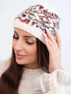 Dámská zimní čepice z vlny s norským vzorem K354 ecru+cervená
