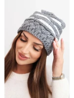Dámská zimní čepice z vlny v hrubém pletení a pruhy K465 šedá + bílá Dámská zimní čepice z vlny v hrubém pletení a pruhy K465 šedá + bílá