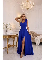 643-8 Elegantní večerní maxi šaty s rozparkem a růžemi – chrpa