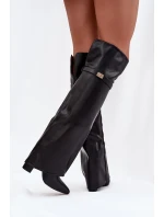 Dámské zateplené kozačky nad kolena s vyhrnutou holení a sloupkovým podpatkem Serelle – černé, eko semiš