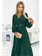 414-1 KLARA plisované šaty s páskem a výstřihem - BOTTLE GREEN