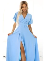 581-3 JENNIFER dlouhé šaty s rozparkem na nohou, rukávy a výstřihem - MODRÉ