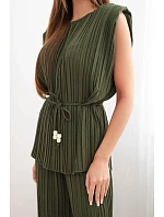Dámský viskózový plisovaný komplet s vázací halenkou a širokými kalhotami khaki