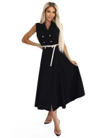 596-3 Elegantní midi košilka se zlatými knoflíky a páskem - ČERNÁ 596-3 Elegantní midi košilka se zlatými knoflíky a páskem - ČERNÁ