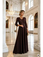 309-14 AMBER elegantní dlouhé krajkové šaty s výstřihem - čokoládové