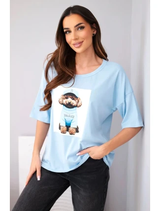 Dámská bavlněná oversize halenka s krátkým rukávem a potiskem modrá