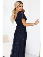 635-3 MELANIA dlouhé lesklé šaty s výstřihem a krátkými rukávy - tmavě modré 635-3 MELANIA dlouhé lesklé šaty s výstřihem a krátkými rukávy - tmavě modré