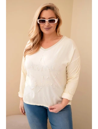 Dámská blůza Plus Size s potiskem a perlami žlutý