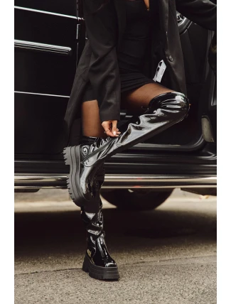 Lakované Kozačky Nad Kolena Na Masivní Platformě Černé Ravela Lakované Kozačky Nad Kolena Na Masivní Platformě Černé Ravela