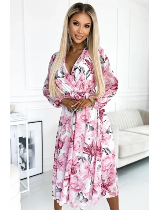 472-1 Šifonové midi šaty s dlouhými rukávy a výstřihem - světle růžové KVĚTY na bílém pozadí