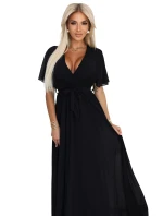 545-5 Dlouhé šaty se skládaným výstřihem a vázáním - ČERNÁ