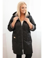 Dámská zimní prošívaná bunda Plus Size s podšívkou v leopardím vzoru a kapucí černá