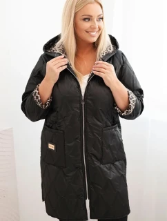 Dámská zimní prošívaná bunda Plus Size s podšívkou v leopardím vzoru a kapucí černá