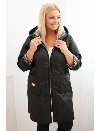 Dámská zimní prošívaná bunda Plus Size s podšívkou v leopardím vzoru a kapucí černá