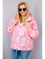 Dámská jarní prošívaná bunda Plus Size s kapucí a květinovým vzorem světle růžová