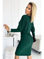 LARA - Dámské šaty v lahvově zelené barvě se stahovacími lemy na rukávech 399-2