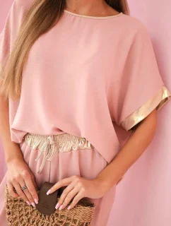 Viskózový komplet se zlatým lemováním tmavě pudrově růžová