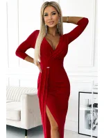 404-7 Třpytivé dlouhé šaty s výstřihem a rozparkem na nohou - ČERVENÉ s třpytkami