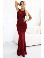 617-2 Dlouhé šaty ve tvaru mořské panny s černou krajkou a síťovinou - vínové 617-2 Dlouhé šaty ve tvaru mořské panny s černou krajkou a síťovinou - vínové