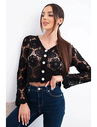 Dámský letní krajkový svetr s knoflíky a dlouhým rukávem černý