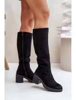 Zateplené kozačky na podpatku eko semišové nad koleno černé Leamirael