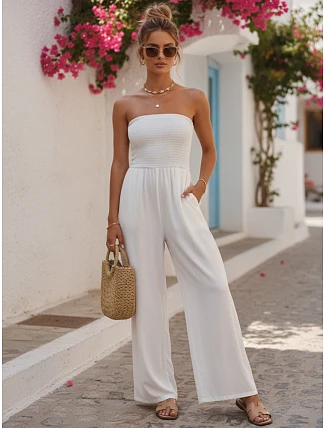 Dámský letní overal s širokými nohavicemi ecru FashionStreet EY2648