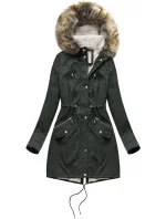 Dámská zimní bunda typu parka v army barvě s mechovitou kožešinovou podšívkou a s kapucí (7602BIG)