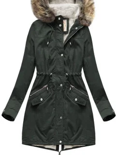 Dámská zimní bunda typu parka v army barvě s mechovitou kožešinovou podšívkou a s kapucí (7602BIG)