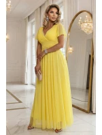 562-8 NASTIA Dlouhé šaty s výstřihem, kosticemi a krátkými rukávy - lemon limoncello