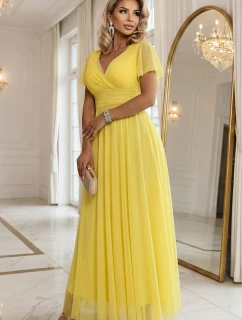 562-8 NASTIA Dlouhé šaty s výstřihem, kosticemi a krátkými rukávy - lemon limoncello