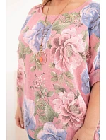 Dámská bavlněná halenka Plus Size s krátkým rukávem a květinovým vzorem tmavě růžová