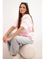 Dámský pruhovaný svetr s límcem a krátkým rukávem ecru