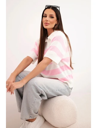 Dámský pruhovaný svetr s límcem a krátkým rukávem ecru