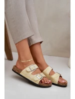 Materiálové pantofle na korkové podrážce s přezkami žluté Atera