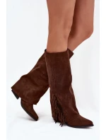 Dámské nazouvací kovbojky Zalia na sloupkovém podpatku s třásněmi – hnědé
