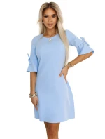 217-11 NEVA Trapézové šaty s vázáním na rukávech - MODRÉ