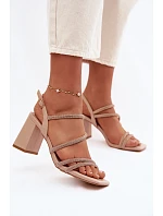 Dámské sandály na podpatku s pásky a kamínky Béžové Brelia