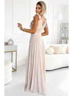 405-6 ELENA Dlouhé šaty s výstřihem a zavazováním na ramenou - béžové s brokátem