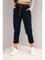 Dámské kalhoty bavlněné s páskem a ohrnutým nohavicemi granátové