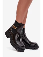 Lakované kotníkové boty zimní s ozdobnou páskou černé Vivessa